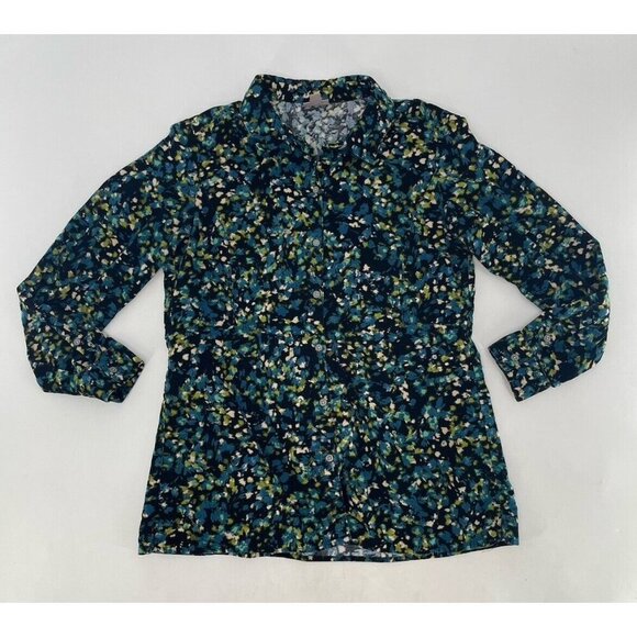 J.Jill Teal & Navy Floral Printed Corduroy Button-Up Long Sleeve Top Shirt Sz SP - Picture 3 of 11